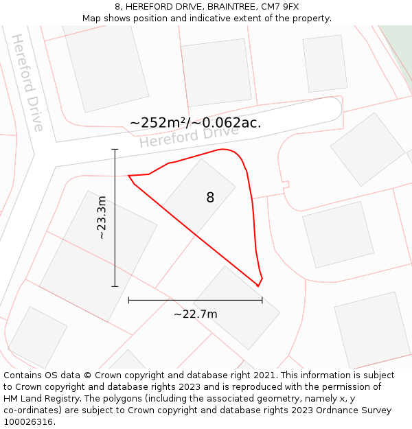 8, HEREFORD DRIVE, BRAINTREE, CM7 9FX: Plot and title map