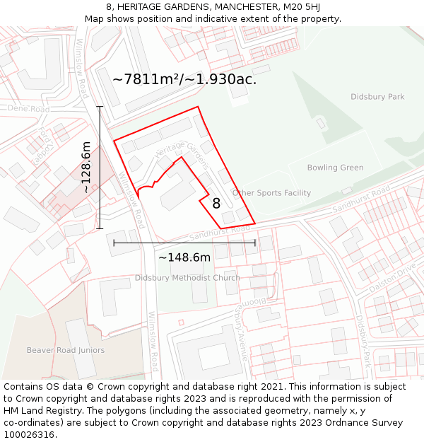 8, HERITAGE GARDENS, MANCHESTER, M20 5HJ: Plot and title map