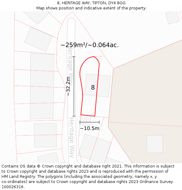 8, HERITAGE WAY, TIPTON, DY4 8GG: Plot and title map