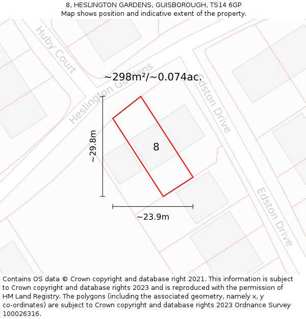 8, HESLINGTON GARDENS, GUISBOROUGH, TS14 6GP: Plot and title map