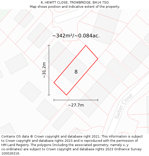 8, HEWITT CLOSE, TROWBRIDGE, BA14 7SG: Plot and title map