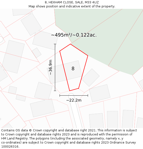8, HEXHAM CLOSE, SALE, M33 4UZ: Plot and title map