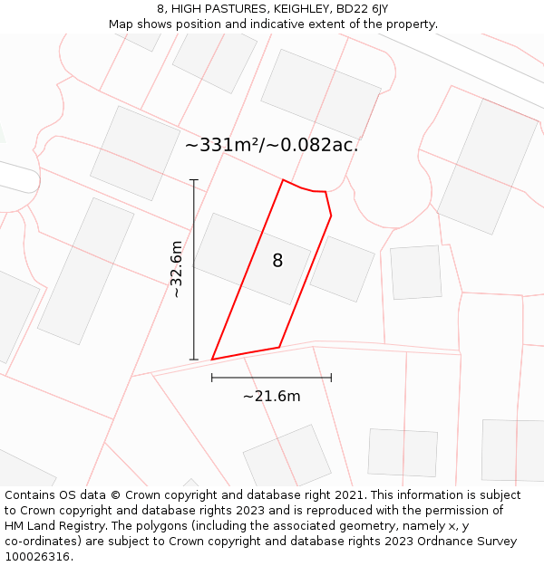 8, HIGH PASTURES, KEIGHLEY, BD22 6JY: Plot and title map