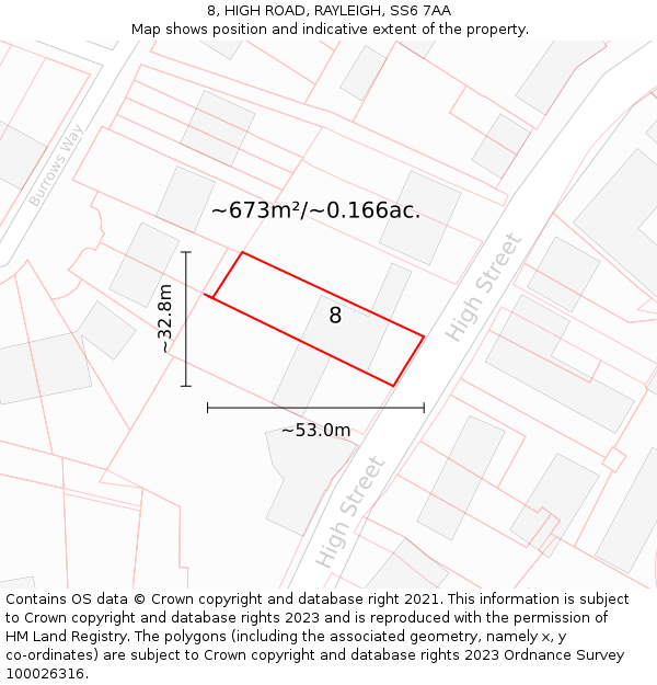 8, HIGH ROAD, RAYLEIGH, SS6 7AA: Plot and title map