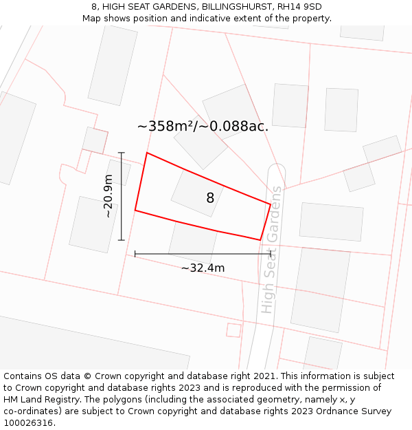 8, HIGH SEAT GARDENS, BILLINGSHURST, RH14 9SD: Plot and title map