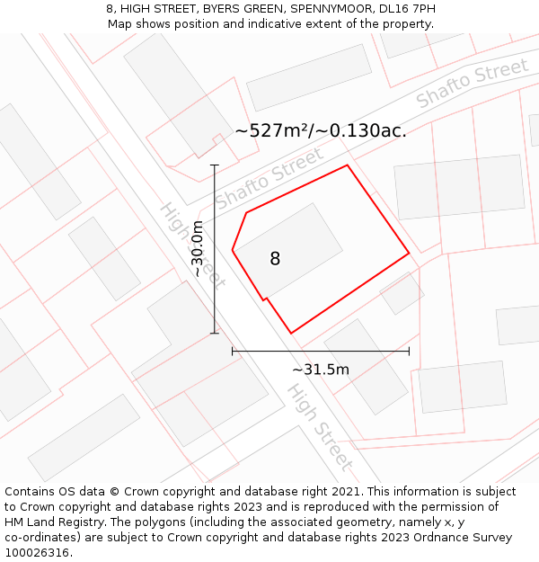 8, HIGH STREET, BYERS GREEN, SPENNYMOOR, DL16 7PH: Plot and title map