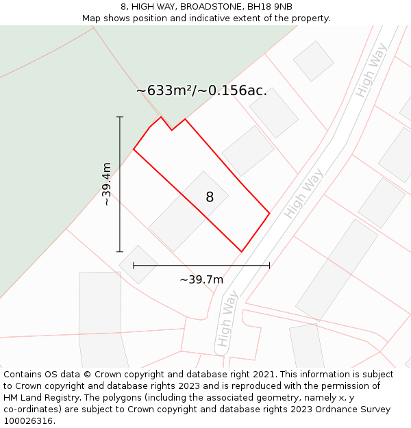 8, HIGH WAY, BROADSTONE, BH18 9NB: Plot and title map