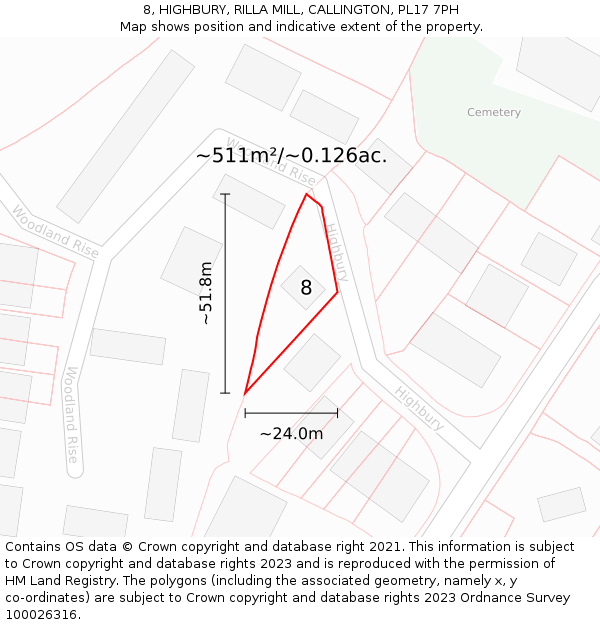 8, HIGHBURY, RILLA MILL, CALLINGTON, PL17 7PH: Plot and title map