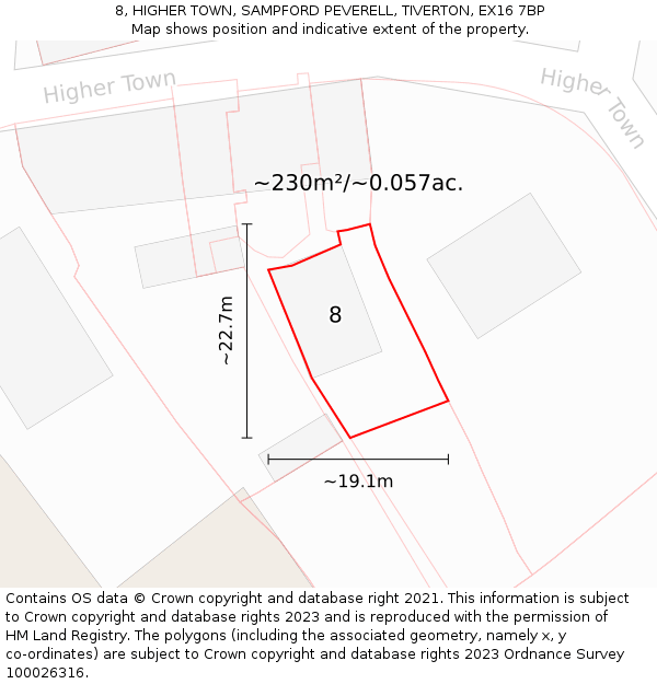 8, HIGHER TOWN, SAMPFORD PEVERELL, TIVERTON, EX16 7BP: Plot and title map