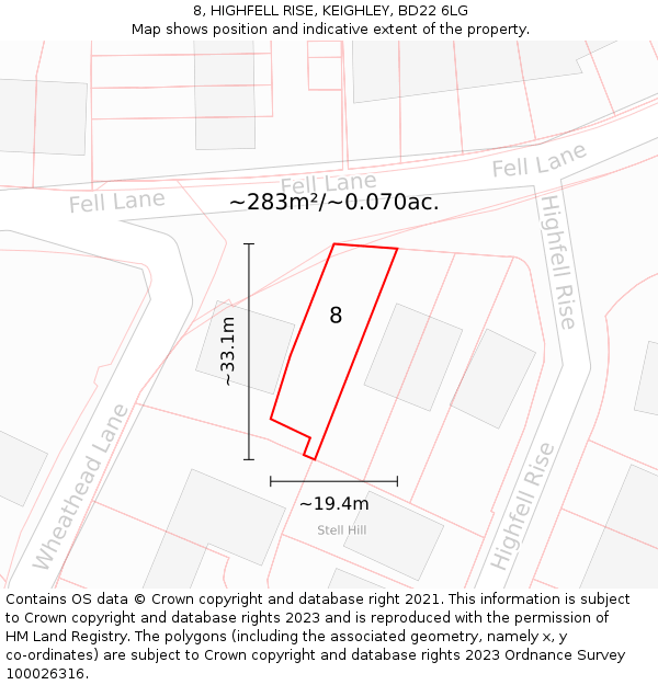 8, HIGHFELL RISE, KEIGHLEY, BD22 6LG: Plot and title map