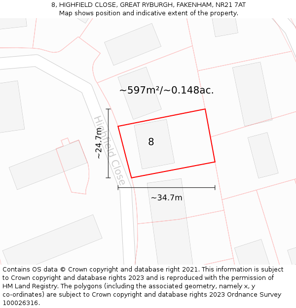 8, HIGHFIELD CLOSE, GREAT RYBURGH, FAKENHAM, NR21 7AT: Plot and title map