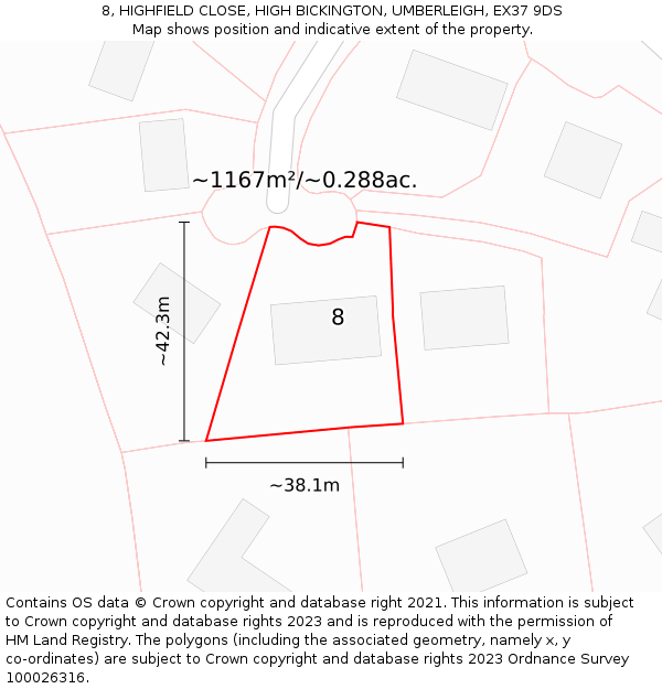 8, HIGHFIELD CLOSE, HIGH BICKINGTON, UMBERLEIGH, EX37 9DS: Plot and title map