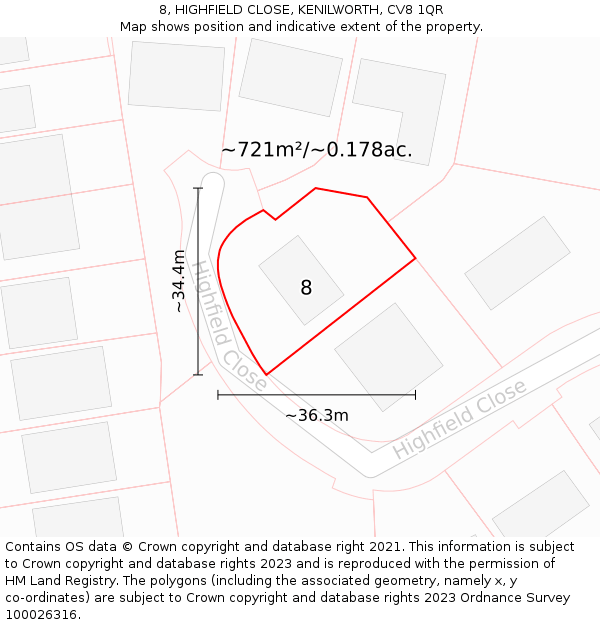 8, HIGHFIELD CLOSE, KENILWORTH, CV8 1QR: Plot and title map