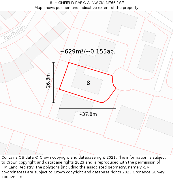 8, HIGHFIELD PARK, ALNWICK, NE66 1SE: Plot and title map