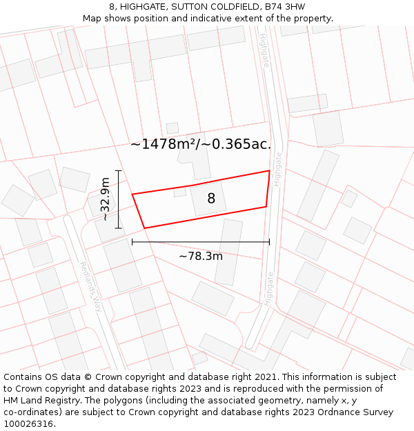 8, HIGHGATE, SUTTON COLDFIELD, B74 3HW: Plot and title map