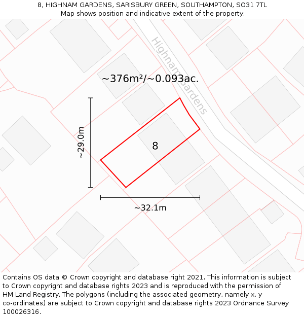 8, HIGHNAM GARDENS, SARISBURY GREEN, SOUTHAMPTON, SO31 7TL: Plot and title map