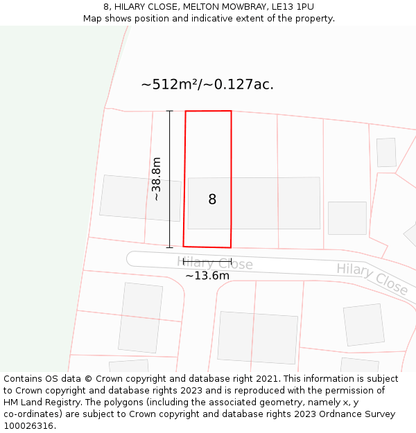 8, HILARY CLOSE, MELTON MOWBRAY, LE13 1PU: Plot and title map