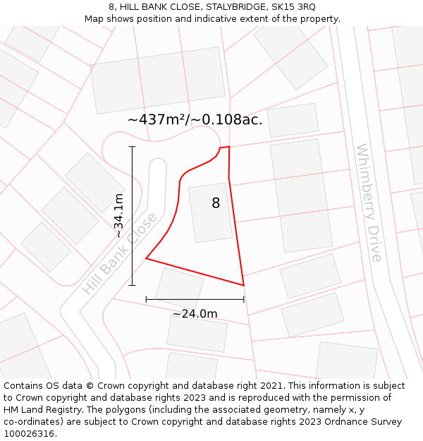 8, HILL BANK CLOSE, STALYBRIDGE, SK15 3RQ: Plot and title map
