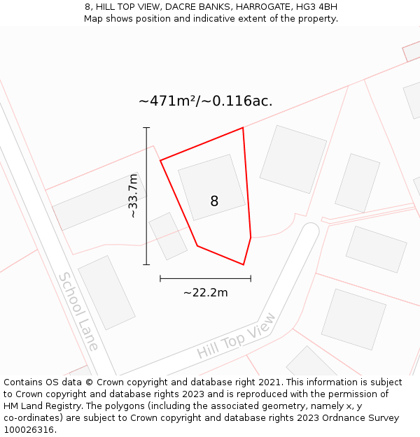 8, HILL TOP VIEW, DACRE BANKS, HARROGATE, HG3 4BH: Plot and title map