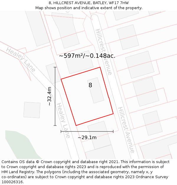 8, HILLCREST AVENUE, BATLEY, WF17 7HW: Plot and title map