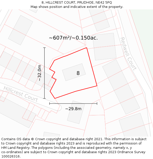 8, HILLCREST COURT, PRUDHOE, NE42 5PQ: Plot and title map