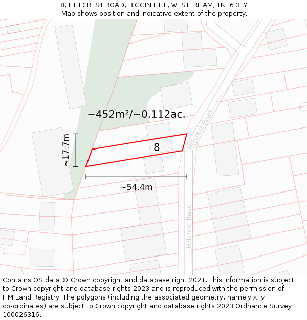 8, HILLCREST ROAD, BIGGIN HILL, WESTERHAM, TN16 3TY: Plot and title map