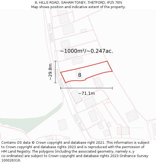 8, HILLS ROAD, SAHAM TONEY, THETFORD, IP25 7EN: Plot and title map