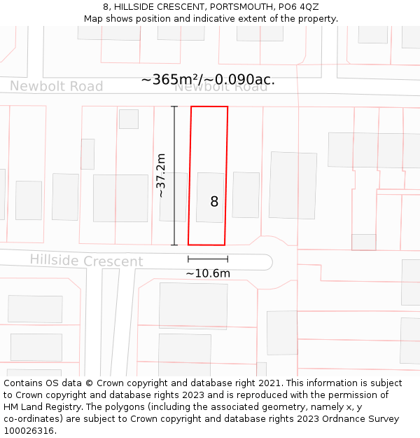 8, HILLSIDE CRESCENT, PORTSMOUTH, PO6 4QZ: Plot and title map