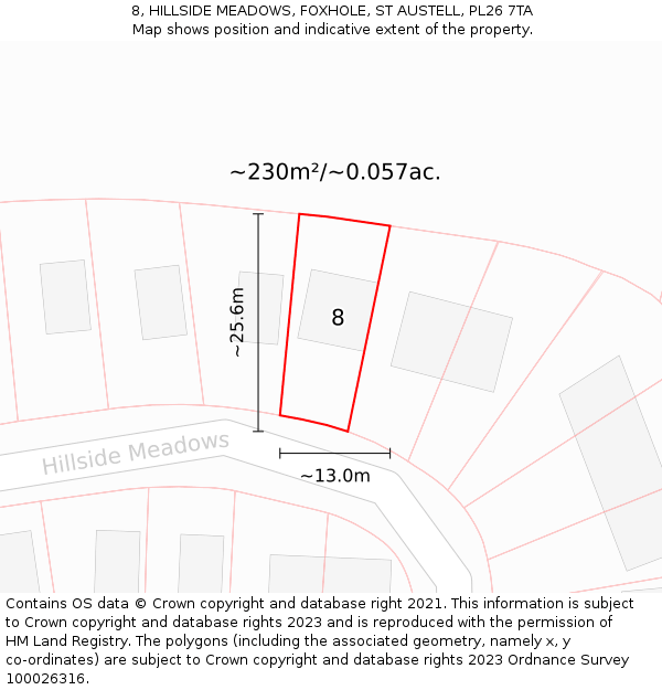 8, HILLSIDE MEADOWS, FOXHOLE, ST AUSTELL, PL26 7TA: Plot and title map