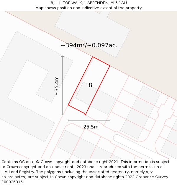 8, HILLTOP WALK, HARPENDEN, AL5 1AU: Plot and title map