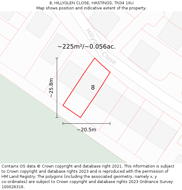 8, HILLYGLEN CLOSE, HASTINGS, TN34 1XU: Plot and title map