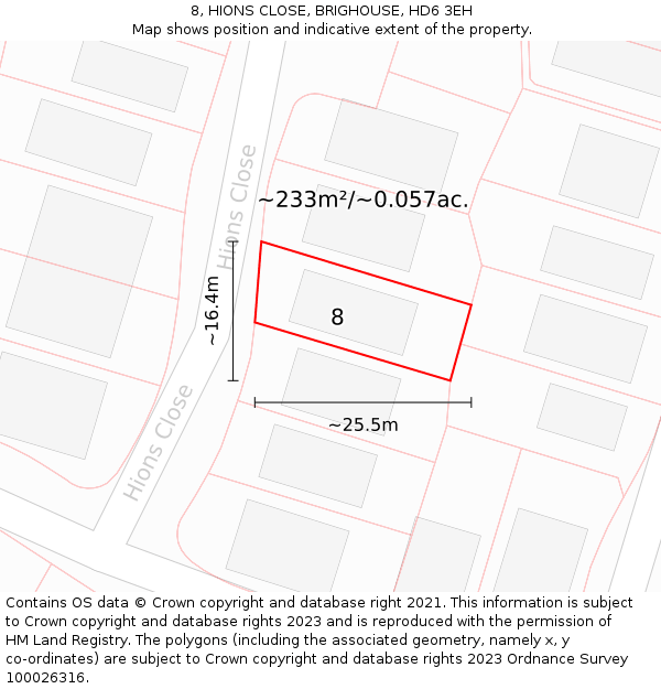 8, HIONS CLOSE, BRIGHOUSE, HD6 3EH: Plot and title map