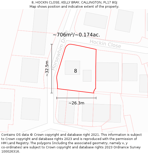 8, HOCKIN CLOSE, KELLY BRAY, CALLINGTON, PL17 8GJ: Plot and title map