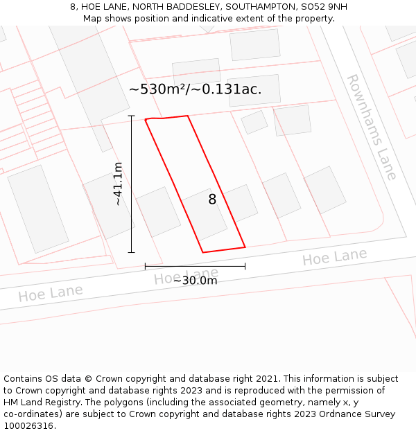 8, HOE LANE, NORTH BADDESLEY, SOUTHAMPTON, SO52 9NH: Plot and title map