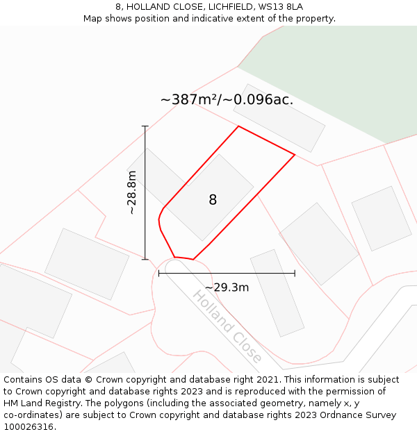 8, HOLLAND CLOSE, LICHFIELD, WS13 8LA: Plot and title map