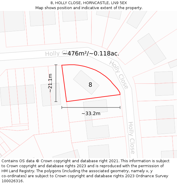 8, HOLLY CLOSE, HORNCASTLE, LN9 5EX: Plot and title map