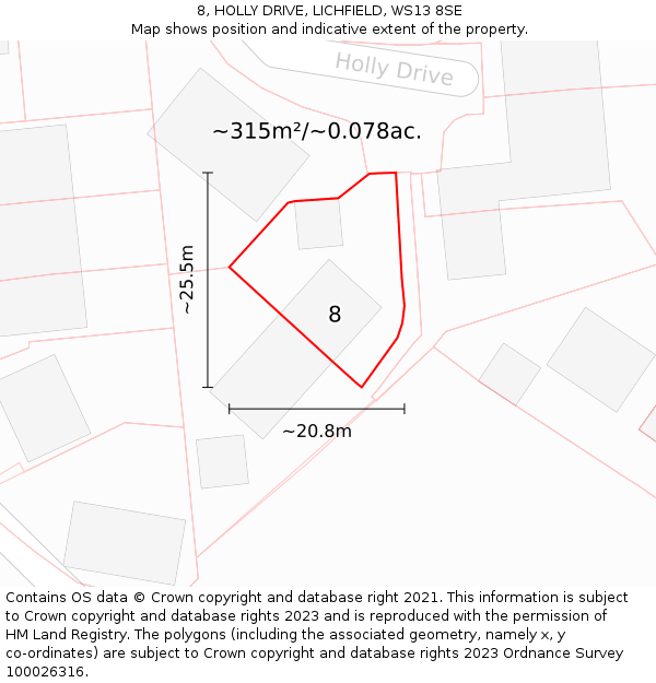 8, HOLLY DRIVE, LICHFIELD, WS13 8SE: Plot and title map