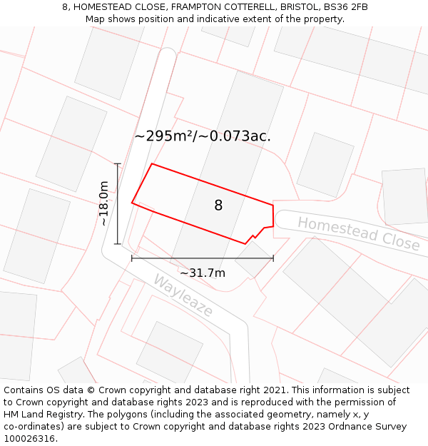 8, HOMESTEAD CLOSE, FRAMPTON COTTERELL, BRISTOL, BS36 2FB: Plot and title map