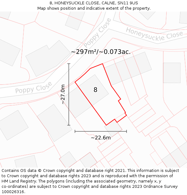 8, HONEYSUCKLE CLOSE, CALNE, SN11 9US: Plot and title map