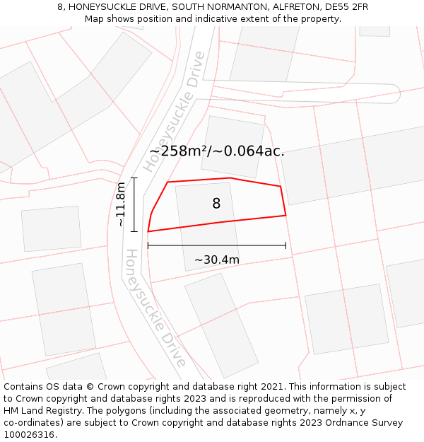 8, HONEYSUCKLE DRIVE, SOUTH NORMANTON, ALFRETON, DE55 2FR: Plot and title map