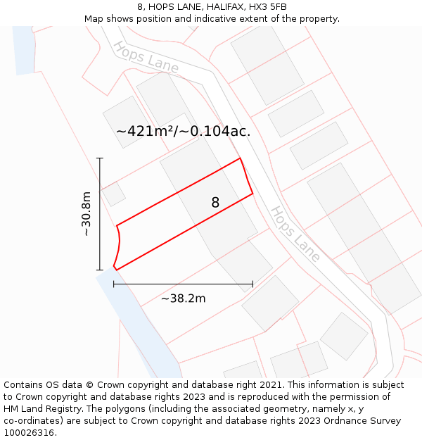 8, HOPS LANE, HALIFAX, HX3 5FB: Plot and title map