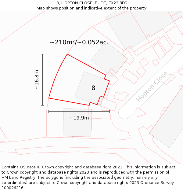 8, HOPTON CLOSE, BUDE, EX23 8FG: Plot and title map
