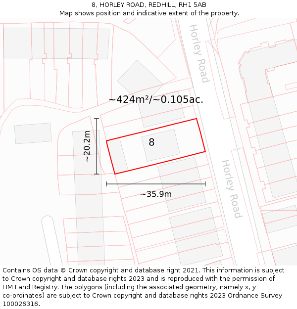 8, HORLEY ROAD, REDHILL, RH1 5AB: Plot and title map