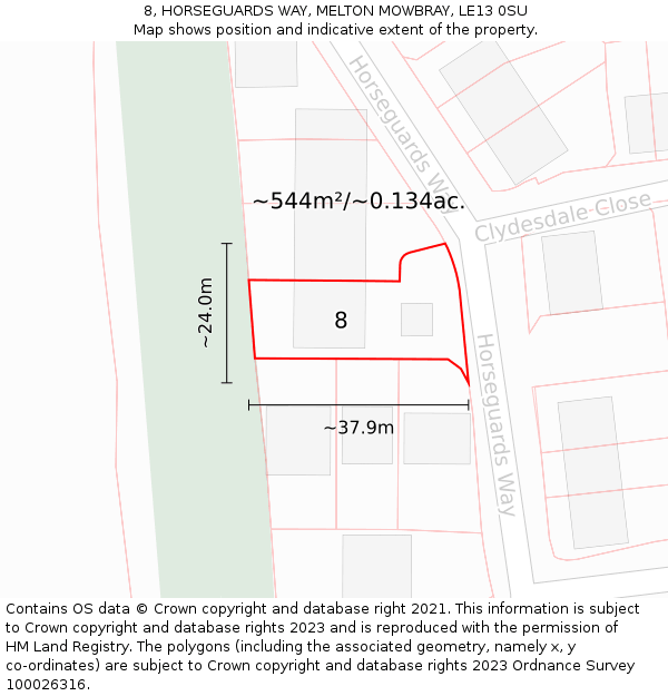 8, HORSEGUARDS WAY, MELTON MOWBRAY, LE13 0SU: Plot and title map