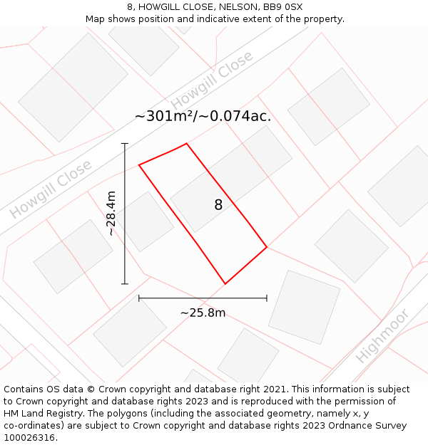 8, HOWGILL CLOSE, NELSON, BB9 0SX: Plot and title map