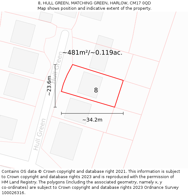 8, HULL GREEN, MATCHING GREEN, HARLOW, CM17 0QD: Plot and title map