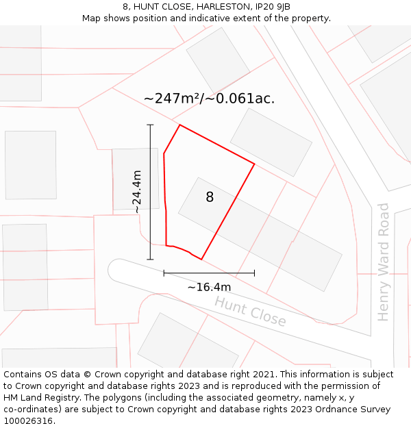 8, HUNT CLOSE, HARLESTON, IP20 9JB: Plot and title map