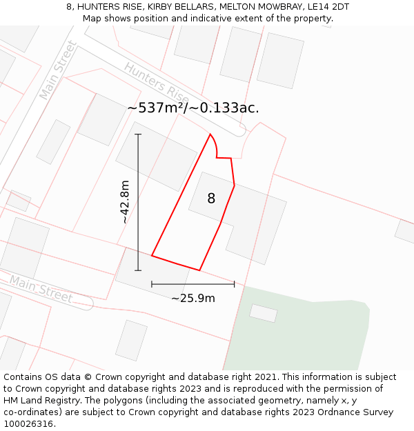 8, HUNTERS RISE, KIRBY BELLARS, MELTON MOWBRAY, LE14 2DT: Plot and title map