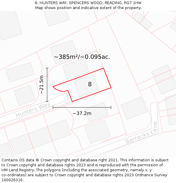 8, HUNTERS WAY, SPENCERS WOOD, READING, RG7 1HW: Plot and title map