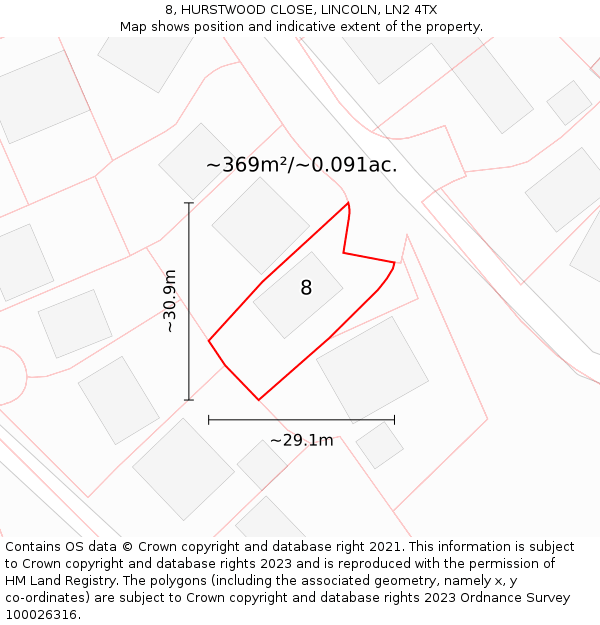 8, HURSTWOOD CLOSE, LINCOLN, LN2 4TX: Plot and title map